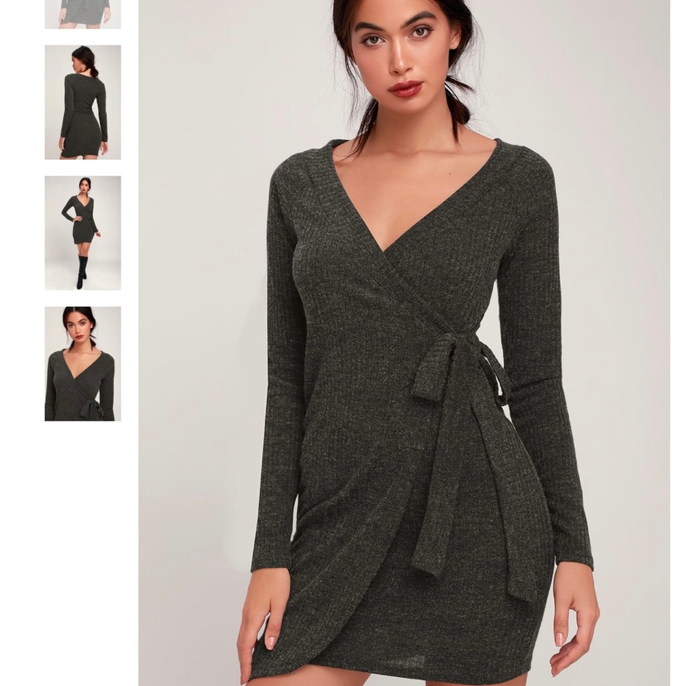 Lulus Charcoal Grey Ribbed Long Sleeve Wrap Dress